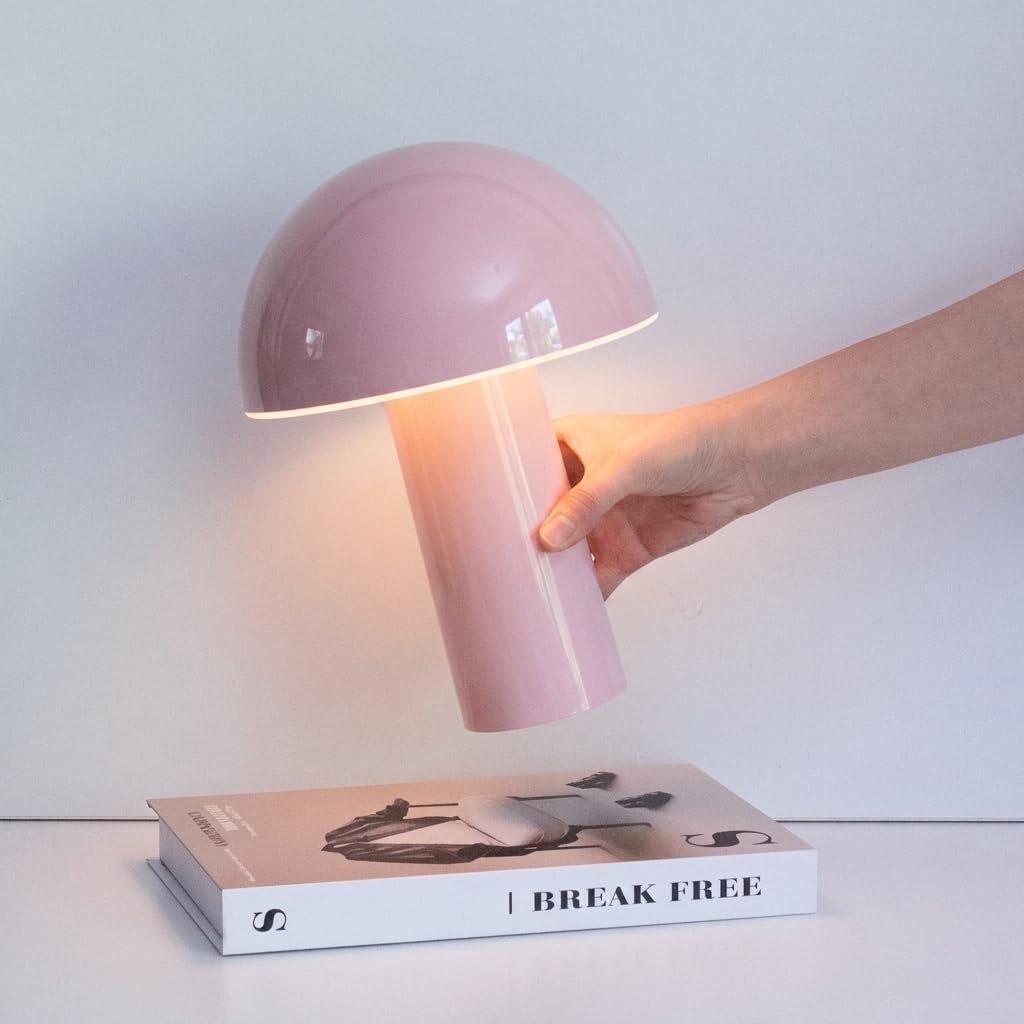 Brightech Celia Table Lamp – 10" Touch-Controlled Mushroom Accent Lamp, Cordless & Dimmable LED, Portable & Rechargeable Bedside Night Light, Sustainable Recycled Modern Patio Lamp for Home Décor, Red