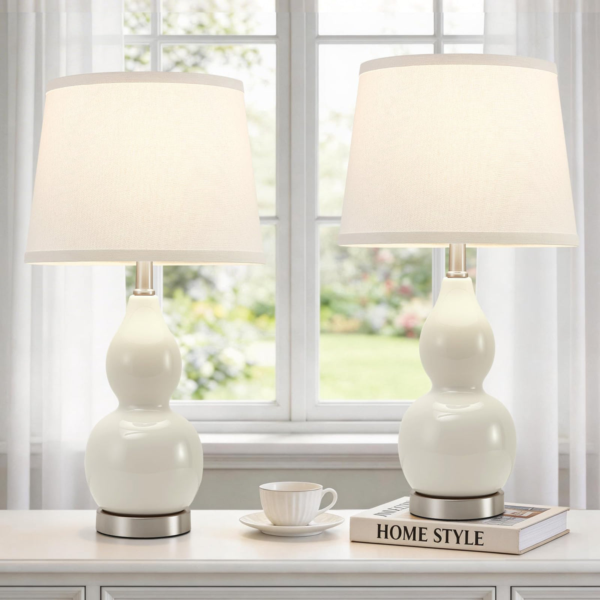 GyroVu 18" Table Lamp Set of 2, Ceramic Table Lamp Classic Beside Lamps Nightstand Lamp Modern Lamp for Living Room, Bedroom & Office Rocker Switch Sage Green-LED Bulbs Included