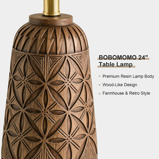 BOBOMOMO 24" Modern Farmhouse Table Lamp, Geometric Hand-Carved Resin Bedside Lamp with Wood Grain Finish, Rustic Nightstand Lamp for Bedroom & Living Room, Cottage Decor, Rotary Switch
