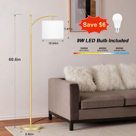 Ambimall 60" Floor Lamp for Living Room with 3 Color Temperatures, Adjustable White Shade with Gold Pole, Tall Lamp for Bedroom Office Classroom Dorm Room, 9W LED Bulb Included