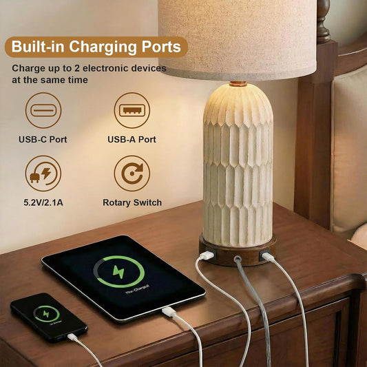 OYEARS 22" Bedside Table Lamps Set of 2, Farmhouse Lamp with USB A+C,Brown