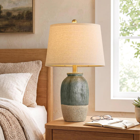 22.5" Green Ceramic Table Lamps for Bedroom, Boho Nightstand Lamp