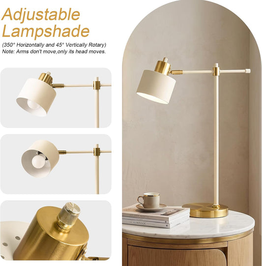 OYEARS 22.2" Modern Desk Lamp, Metal Table Lamp with LED Bulb, Adjustable Reading Lamps for Living Room, Mid Century Nightstand Lamp for Home Office, Industrial Bedside Lamps, Cream and Gold