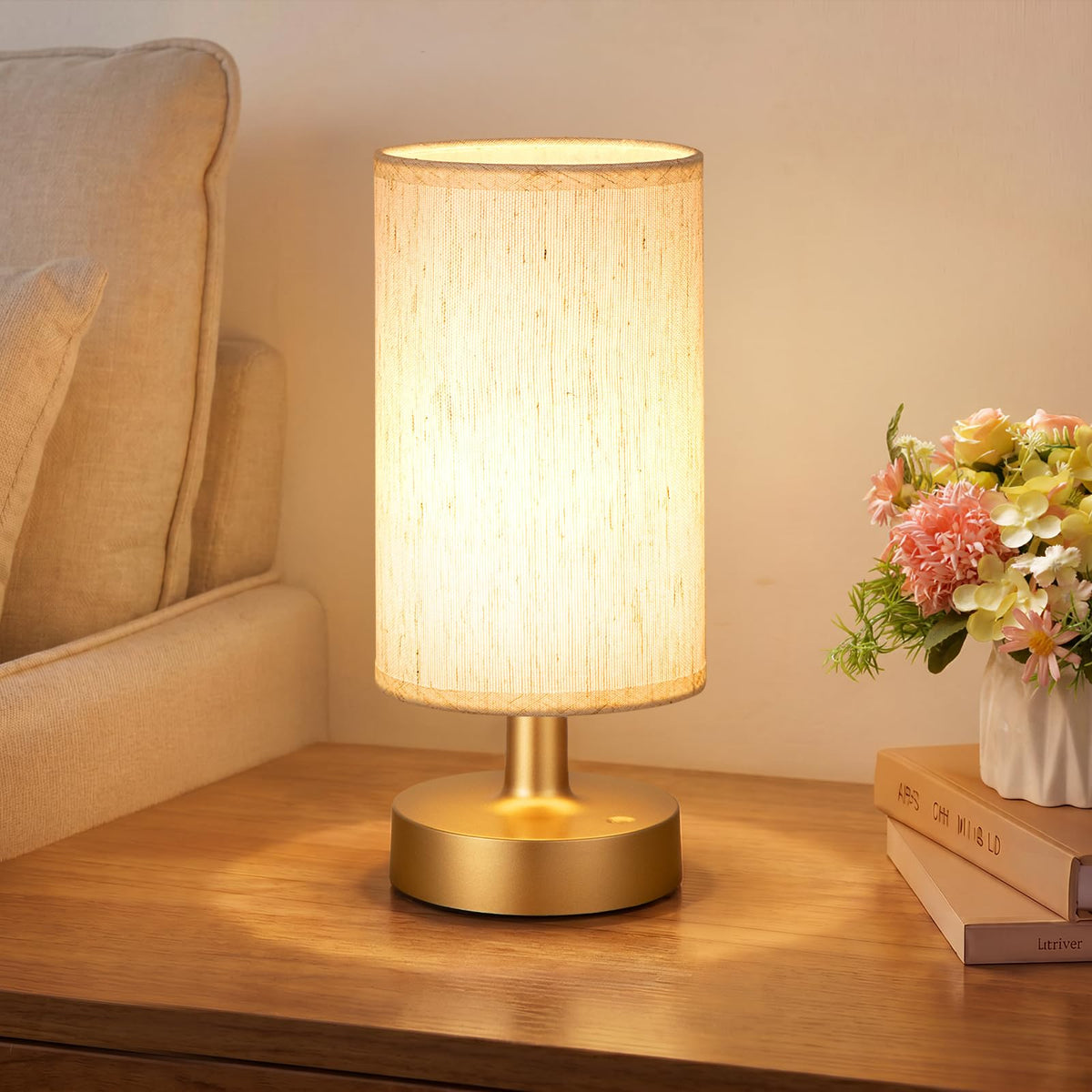 Kakanuo Cordless Table Lamp Rechargeable Small - 2 Pack Beige Wood, 4000mAh Battery Operated Lamp with Touch Control Stepless Dimming, Wireless Lamp for Bedside, Nightstand, Bedroom, Living Room