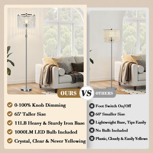 【Upgraded】 Dimmable Crystal Floor Lamps for Living Room, 1000LM LED Bulb Included, Standing Lamp with Knob Switch, Tall Silver Modern Floor Lamp for Bedroom Nursery Office Reading