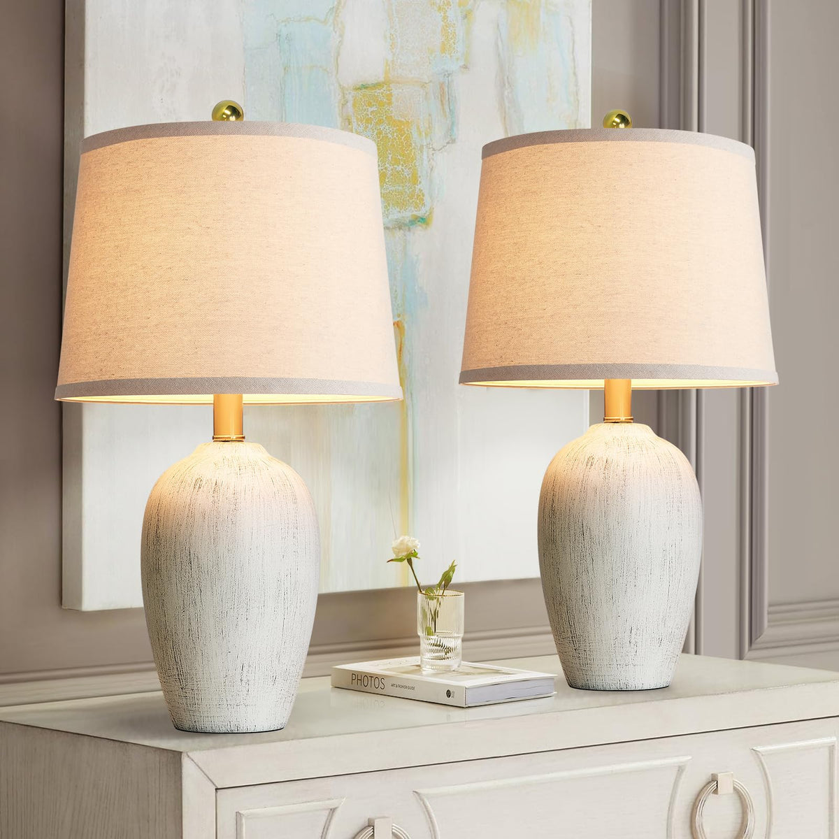 AIEAMPDO 21'' Set of 2 Farmhouse Ceramic Small Table Lamps for Living Room Bedroom, Nightstand Rustic Brown Desk Lamp for Bedside End Table Entryway, 2 LED Bulbs Included