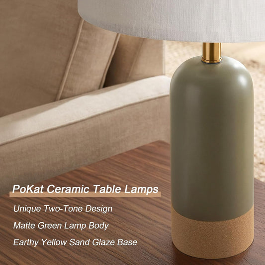 PoKat 24'' Hand-Textured Green Table Lamps, Farmhouse Bedside Lamp Set of 2