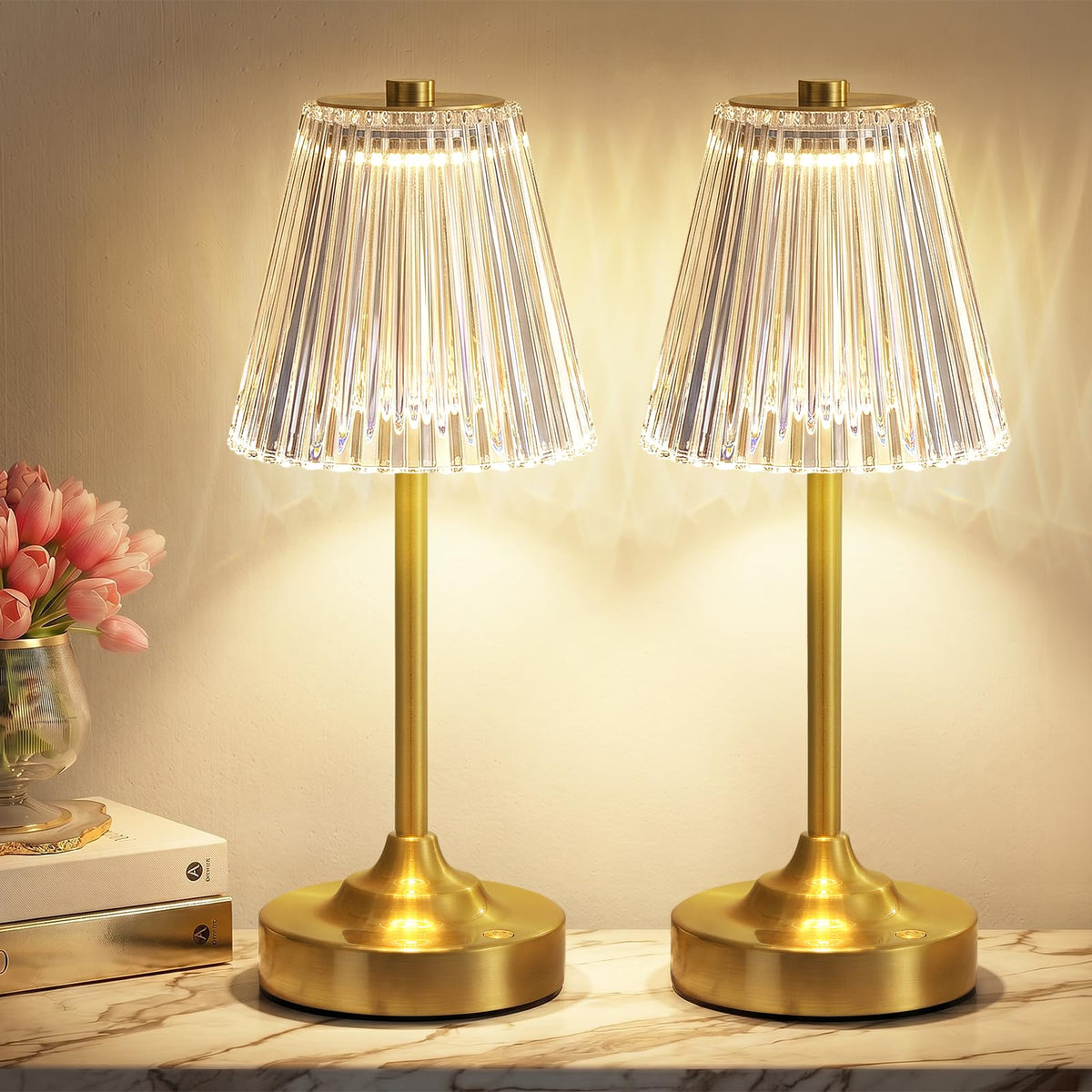 Gold Cordless Rechargeable Table Lamp, Battery Operated, Crystal, Small
