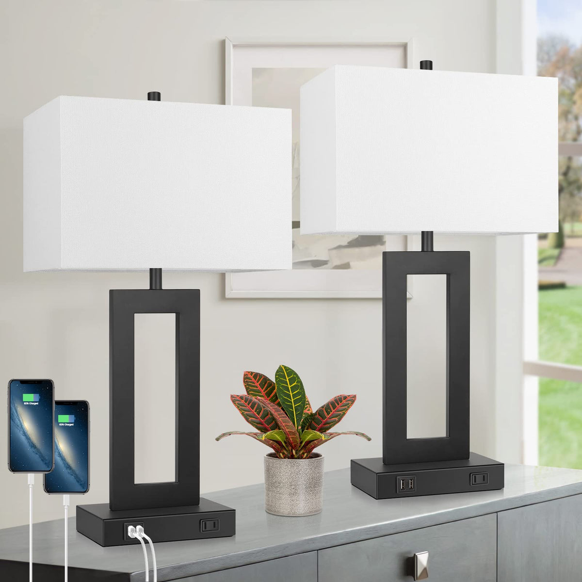 TOBUSA 22" Table Lamp Set of 2, Modern Nightstand Lamp with 2 USB Ports
