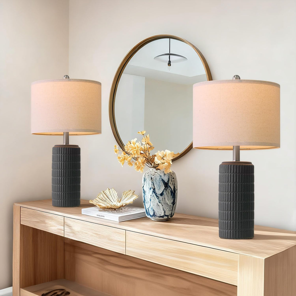 PoKat 23" Modern Ceramic Table Lamp Set of 2 for Living Room Bedroom, White