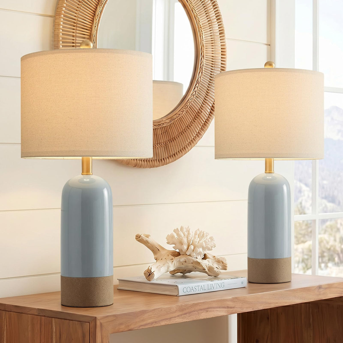 PoKat 24'' Hand-Textured Green Table Lamps, Farmhouse Bedside Lamp Set of 2