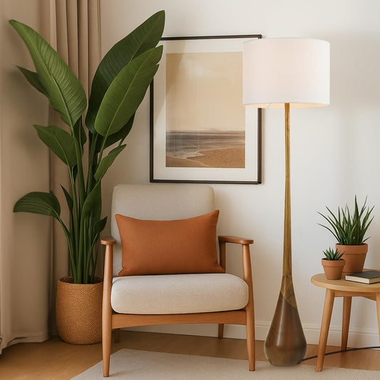 Novogratz x Globe Harrington 65 in Floor Lamp, 2-Tone Wood-Tone Base
