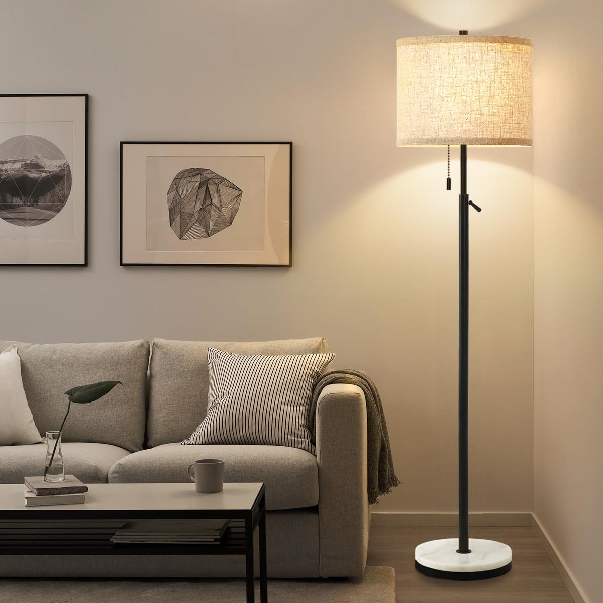 GyroVu Black Floor Lamp, Height Adjustable Standing Lamp Tall Lamp with Fabric Lampshade&Pull Chain Corner Floor Lamps for Living Room, Bedroom & Office Bulbs Not Included(Black Base)