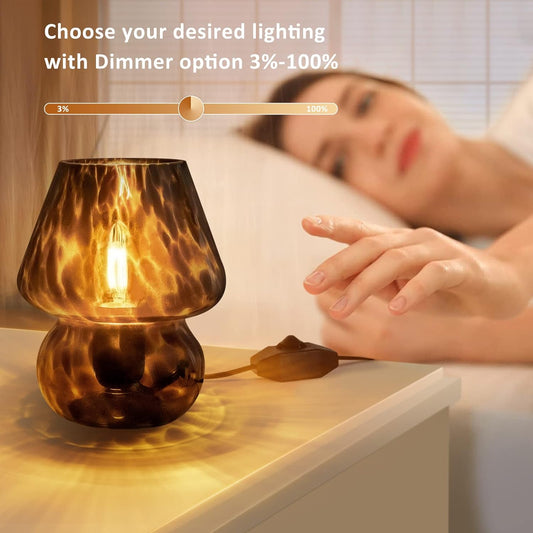 ONEWISH Mushroom Lamp Small Vintage Table Lamp for Bedroom Set of 2, Nightstand Bedside Lamp Translucent Glass Dimmable, Murano Aesthetic Home Decor for Living Room Kitchen Dorm(Black)