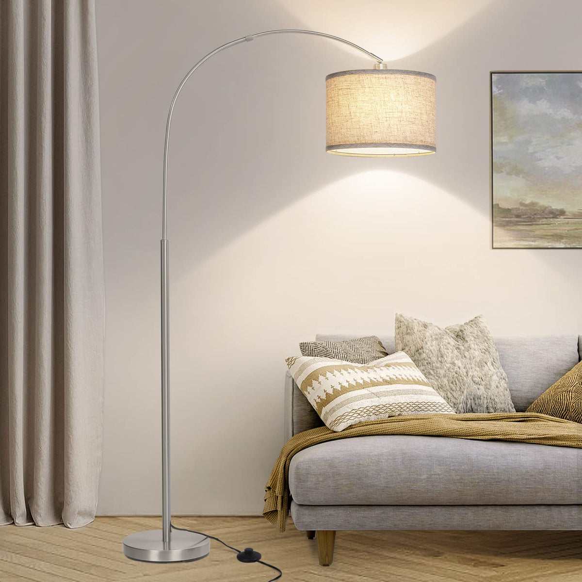 Seaside village Arc Floor Lamps for Living Room, Modern Standing Lamp with Adjustable Hanging Drum Shade, Tall Pole Lamp with Foot Switch, Over Couch Arched Reading Light for Bedroom, Office (Black)