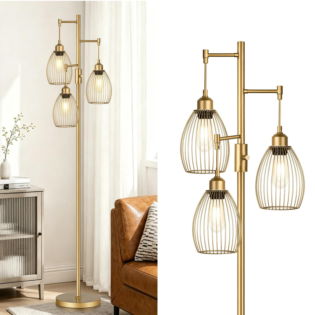 Dimmable Floor Lamp, Industrial Floor Lamps for Living Room, Gold Tree Lamp Standing Lamp Tall Lamps with 3 Elegant Teardrop Cage Head & 800 Lumens LED Bulbs for Living room Bedroom Office Dining Room
