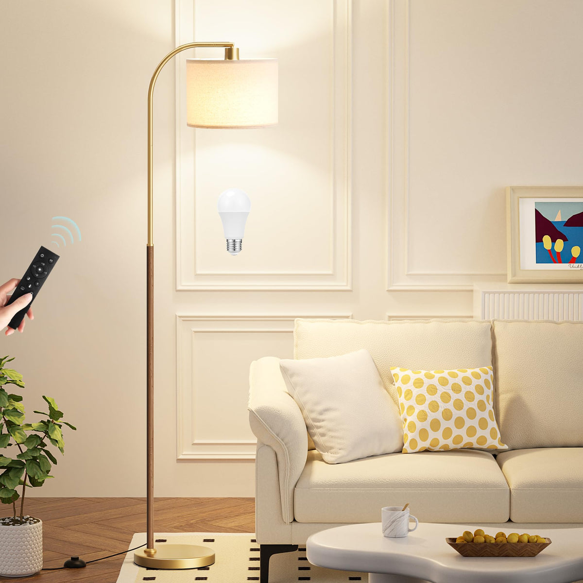 Ambimall Arc Floor Lamp with Remote and Stepless Dimmable Bulb, Colors Temperature & Brightness Adjustable, Gold Floor Lamps for Living Room(Deep Beige Shade & Gold Pole)