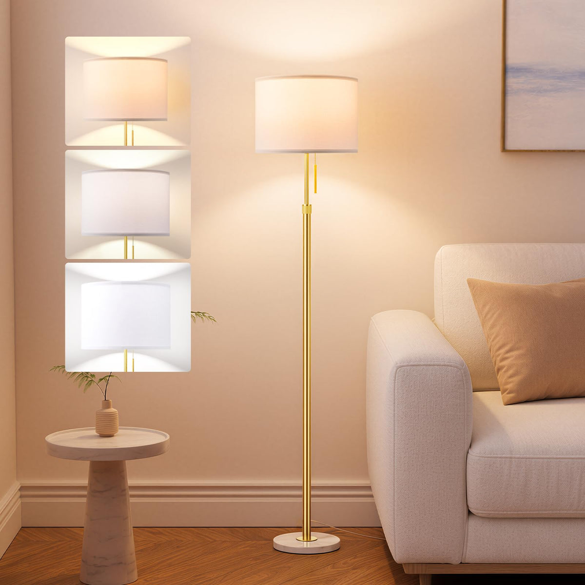 Ambimall 60'' Modern Floor Lamp with Shade, Tall Lamps for Living Room, Bedroom, Office, Dining Room, Beige Shade with Brown Pole(Without Bulb)