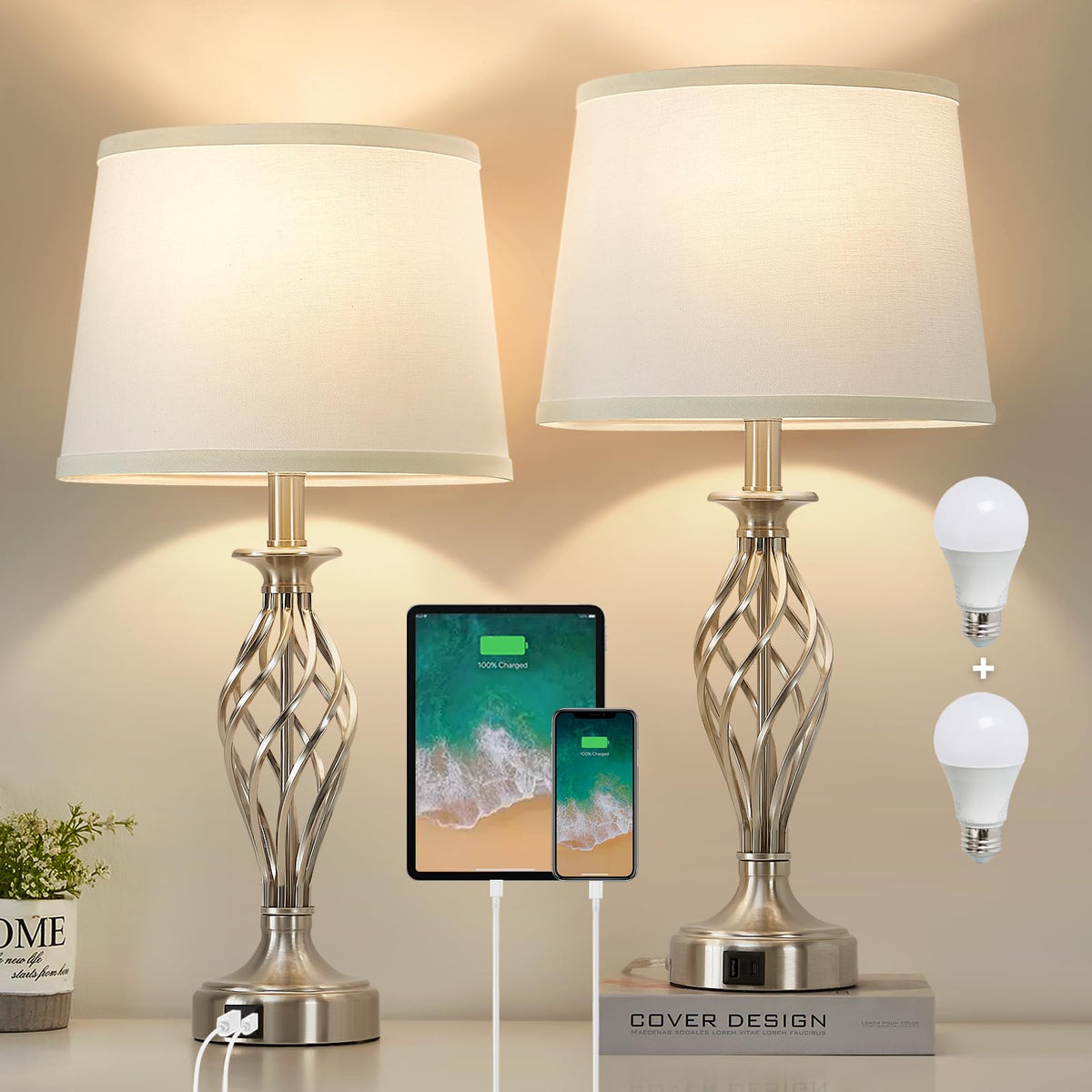Table Lamp for Bedroom Set of 2 with USB C+A Ports,Modern Night Stand Lamps