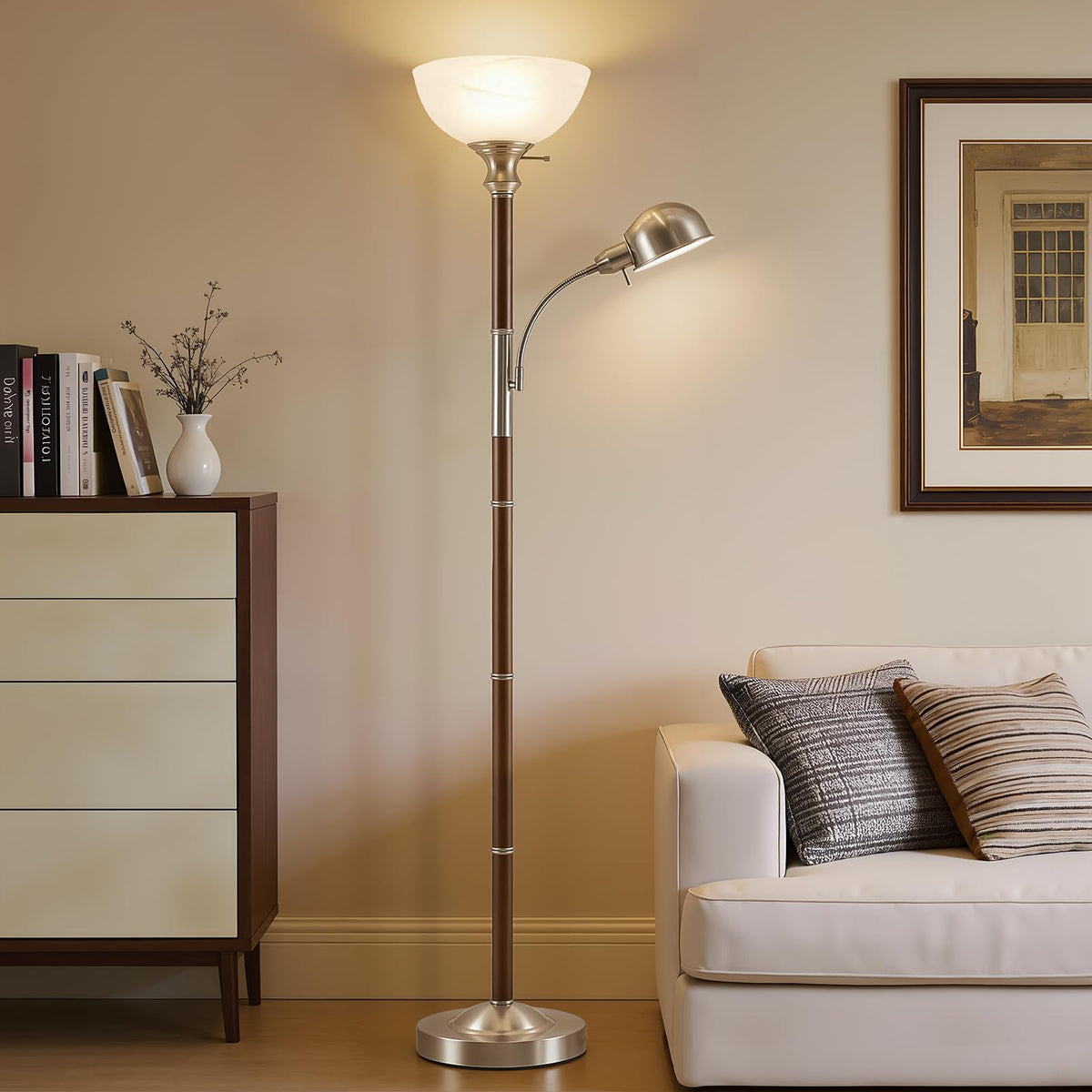 EJIAXIN 72" Wood Torchiere Floor Lamp with Glass Shade Walnut Standing Lamp