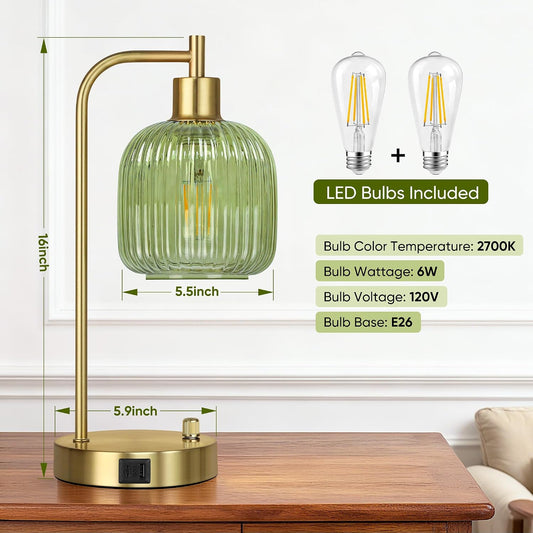 Green Glass Table Lamps Set of 2, Dimmable Bedside Lamps for Living Room