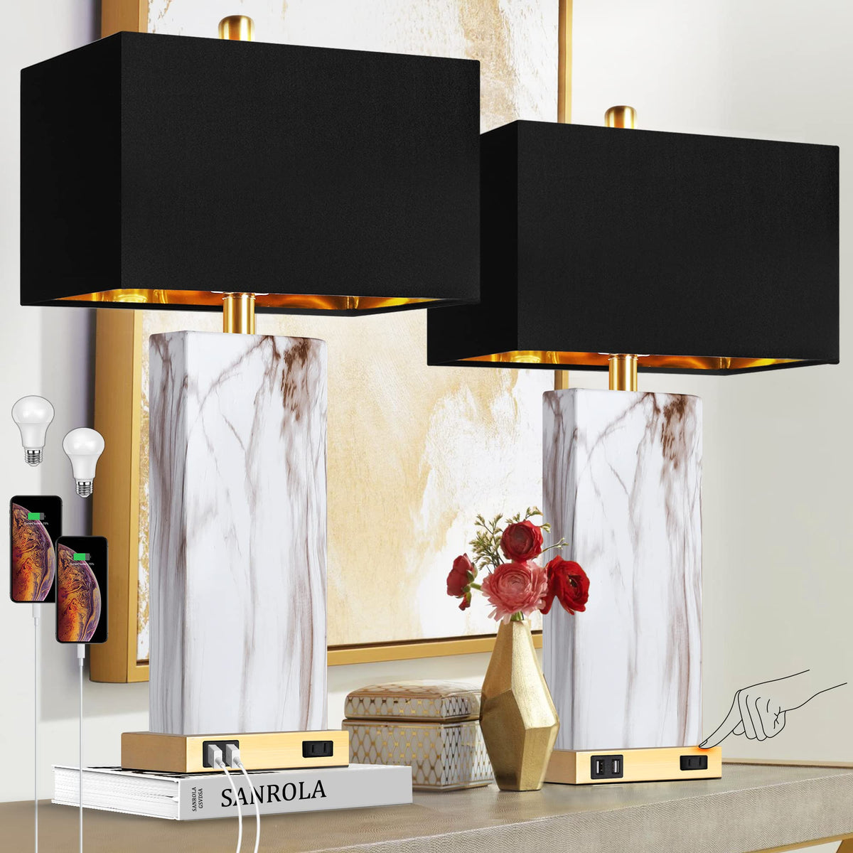 Touch Control Table Lamps with White Fabric Shade Set of 2, 3-Way Dimmable Modern Ceramic Blue Nightstand Bedside Lamp with 2 USB Ports 1 AC Outlet for Living Room, Bedroom (LED Bulbs Included)