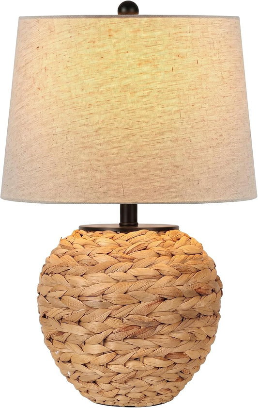 PARTPHONER 23’’ Rattan Table Lamp with Natural Woven Water Hyacinth Basket Base & Linen Drum Shade, Boho Farmhouse Bedside Lamp for Living Room Bedroom, Includes 3-Color Temperature LED Bulb