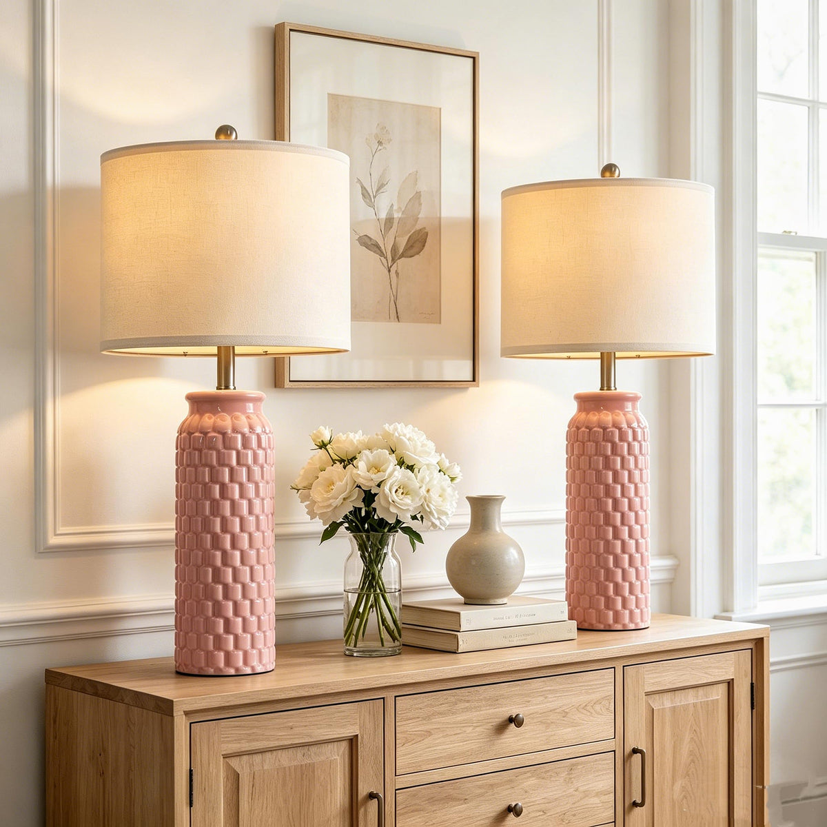 USumkky 25.75" Off-White Ceramic Table Lamp Set of 2, Mid Century Modern Bedside Nightstand Lamps for Bedroom Living Room, Linen Shade & Gold Metal Base, Rotary Switch E26 (Bulbs Excluded)