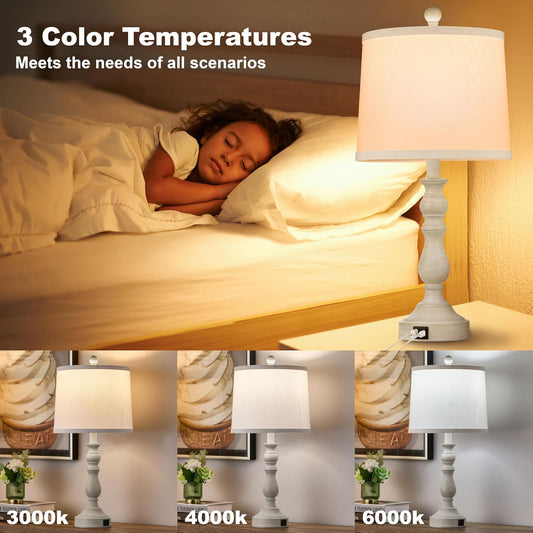 23'' Table Lamps Set of 2, Lamps for Bedroom, USB C+A Ports, Beige