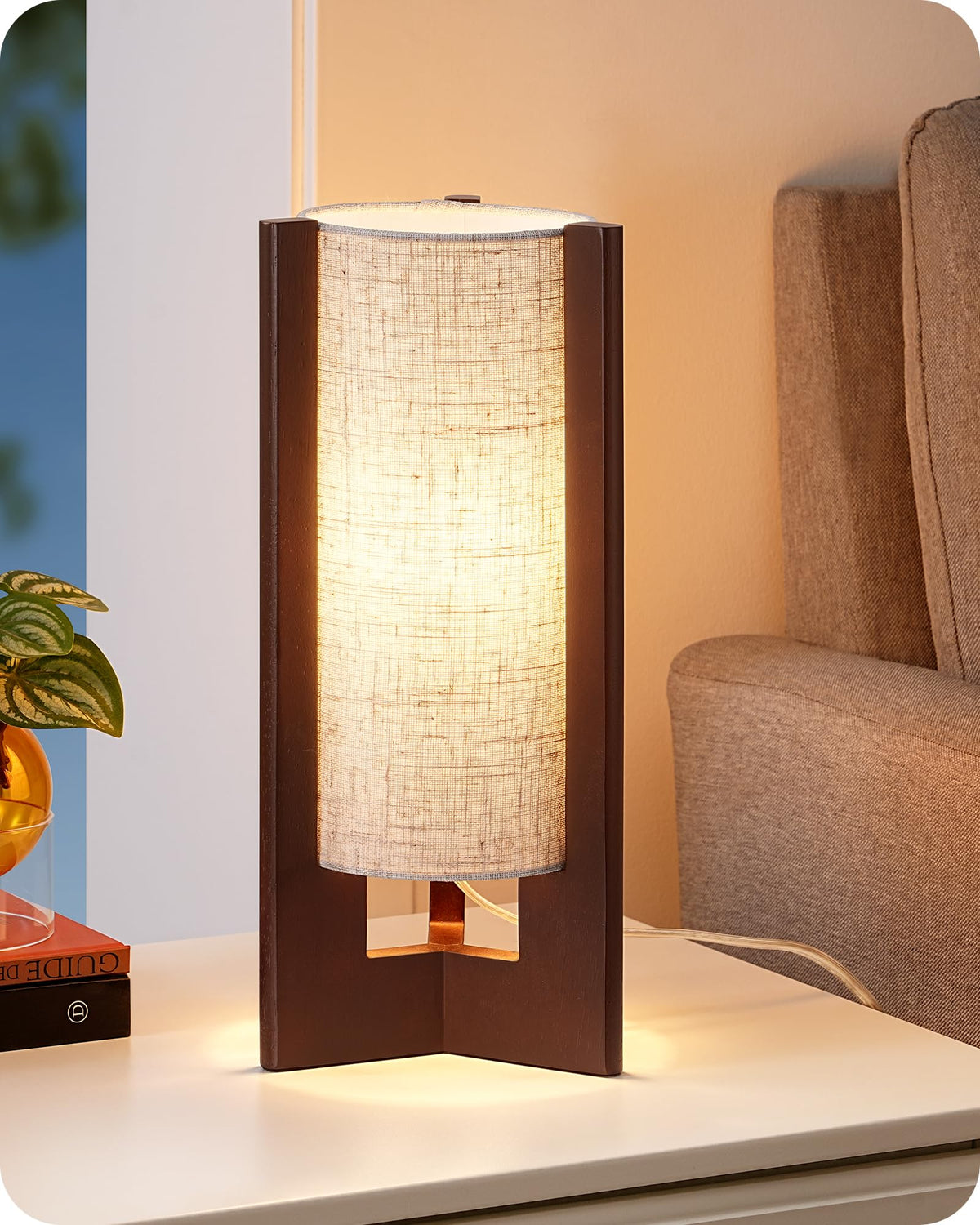 EDISHINE 13.5" Small Table Lamp, Walnut Wood Cylinder Nightstand Lamp, E26