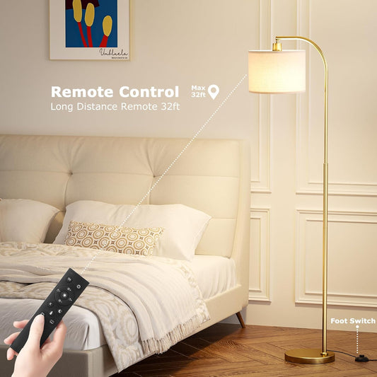 Ambimall Arc Floor Lamp with Remote and Stepless Dimmable Bulb, Colors Temperature & Brightness Adjustable, Gold Floor Lamps for Living Room(Deep Beige Shade & Gold Pole)