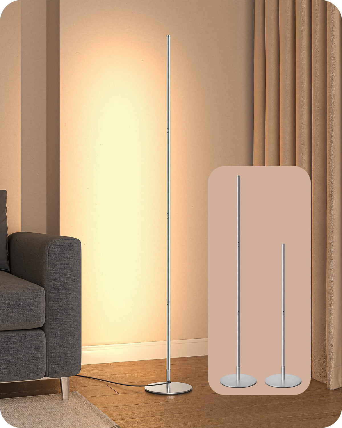 EDISHINE 59.84" LED Corner Floor Lamp, 3000K & Stepless Dimmable, Black