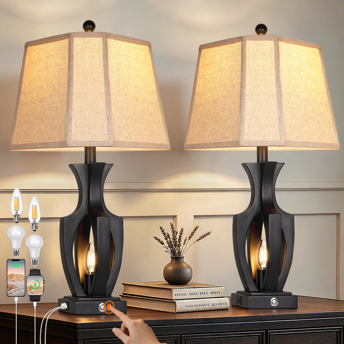 ROTTOGOON 26" Farmhouse Table Lamps Set of 2, 3-Way Touch Dimmable Nightstand Lamp with USB A+C Charging Port, Vintage Bedside Lamps with Dual Light Sources for Bedroom Nightstand End Table (Bronze)
