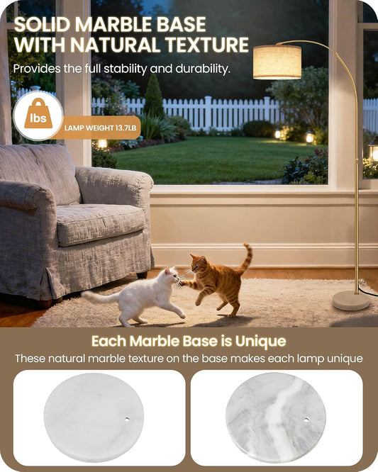 75" Dimmable Gold Arc Floor Lamp with Marble Base, Adjustable Height, Beige