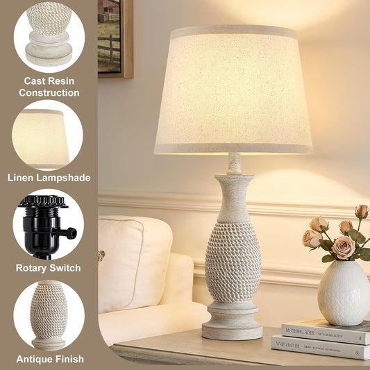 21.6" Table Lamps Set of 2, Resin Farmhouse Bedside Lamps for Bedroom Cream