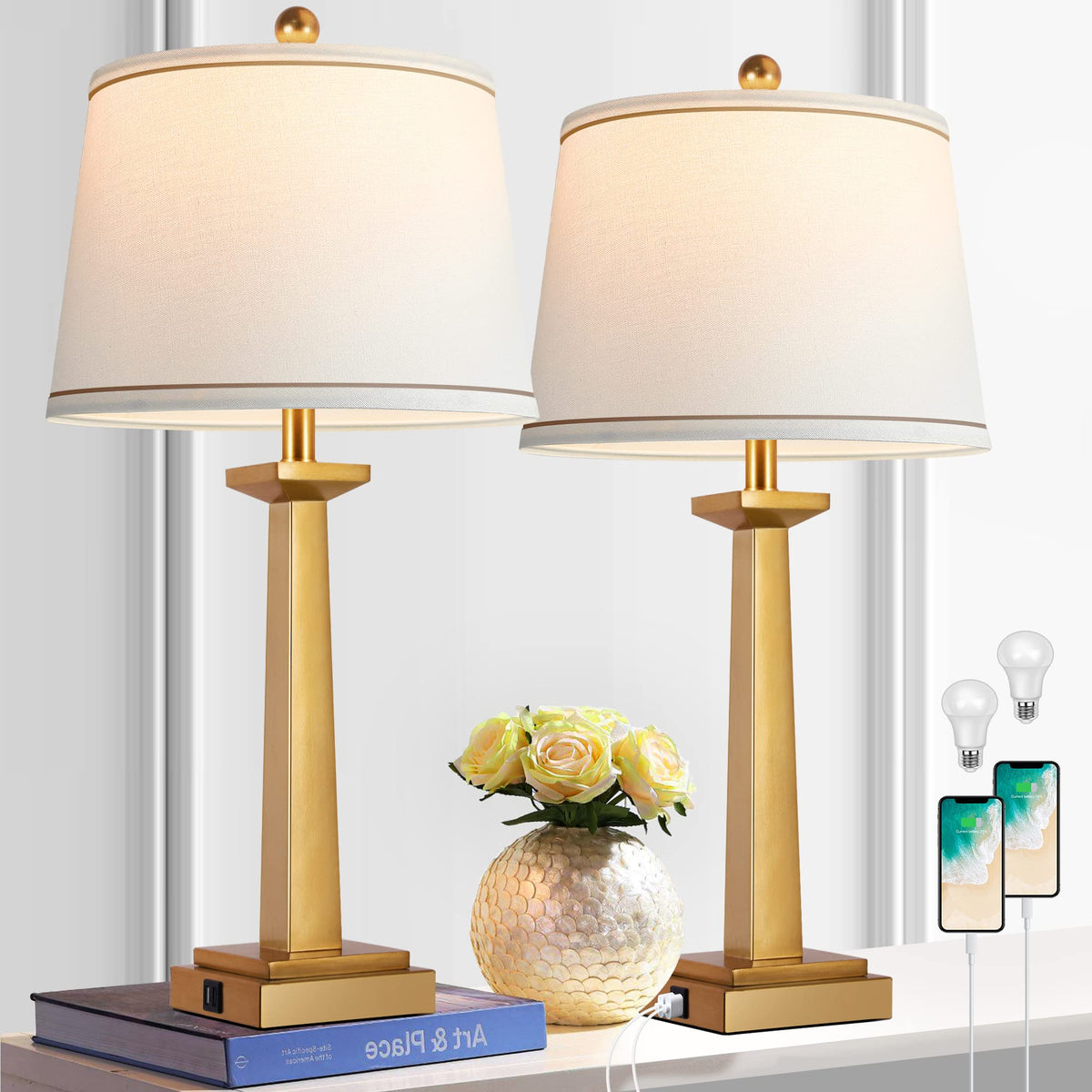 ROTTOGOON Dimmable Table Lamps Set of 2, Rustic Farmhouse Table Lamps for Living Room Bedroom, Bedside Desk Lamps for end Tables, Touch Lamps for nightstand, 9W Bulbs Included, 22", Brown