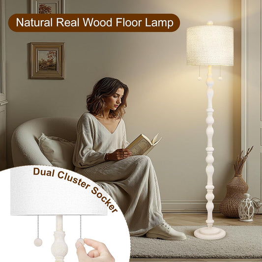Scenekoy 65.5" Natural Real Wood Boho Floor Lamp for Living Room Bedroom