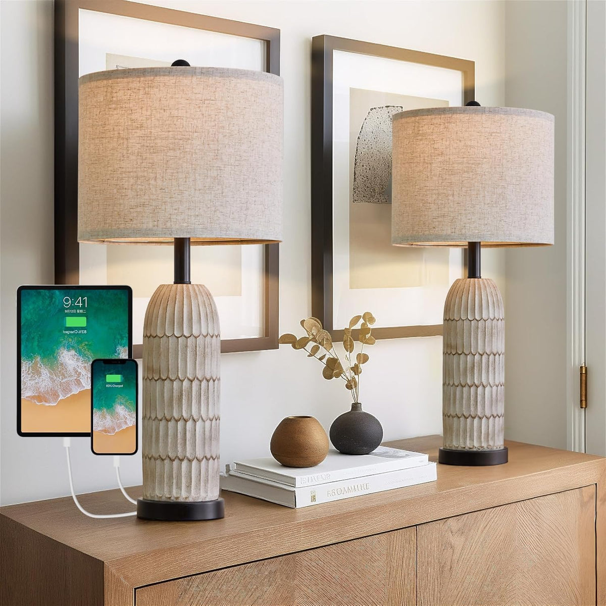 OYEARS 22" Bedside Table Lamps Set of 2, Farmhouse Lamp with USB A+C,Brown