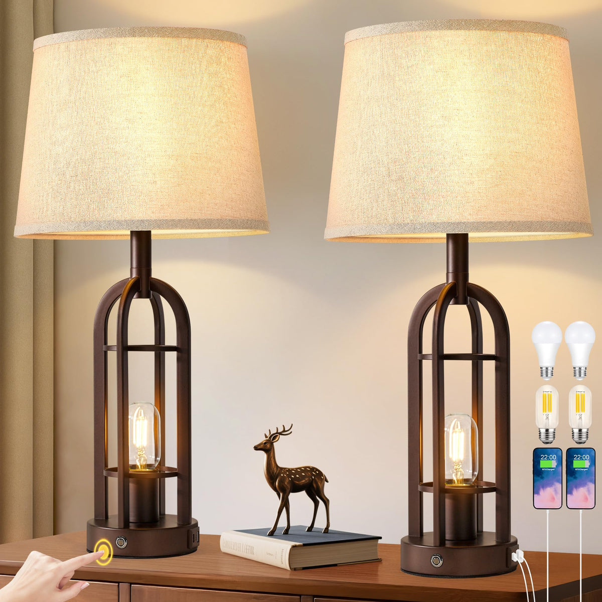 SRJJA 24" Farmhouse Table Lamps for Living Room Bedroom Set of 2, USB A+C