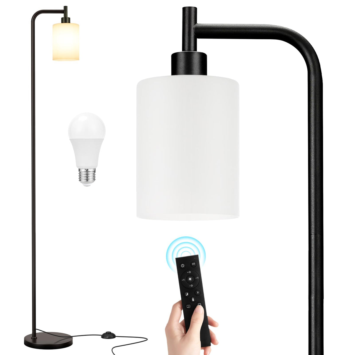 Ziisee Industrial Floor Lamp with Glass Shade - Black, LED Bulbs, Foot Pedal Switch, Easy Assembly