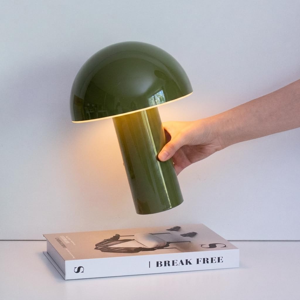 Brightech Celia Table Lamp – 10" Touch-Controlled Mushroom Accent Lamp, Cordless & Dimmable LED, Portable & Rechargeable Bedside Night Light, Sustainable Recycled Modern Patio Lamp for Home Décor, Red