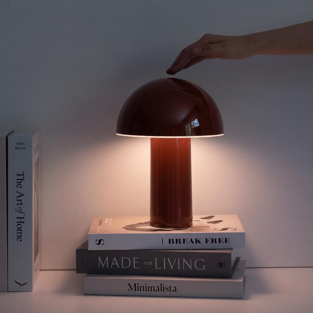 Brightech Celia Table Lamp – 10" Touch-Controlled Mushroom Accent Lamp, Cordless & Dimmable LED, Portable & Rechargeable Bedside Night Light, Sustainable Recycled Modern Patio Lamp for Home Décor, Red