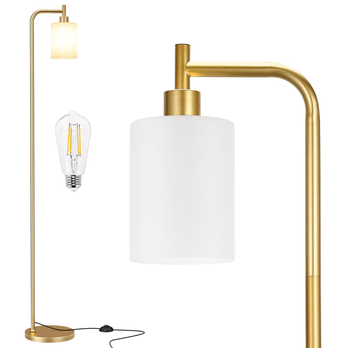 Ziisee Industrial Floor Lamp with Glass Shade - Black, LED Bulbs, Foot Pedal Switch, Easy Assembly
