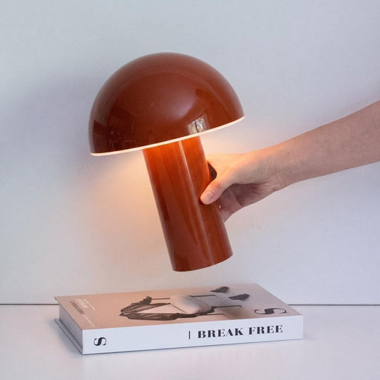 Brightech Celia Table Lamp – 10" Touch-Controlled Mushroom Accent Lamp, Cordless & Dimmable LED, Portable & Rechargeable Bedside Night Light, Sustainable Recycled Modern Patio Lamp for Home Décor, Red