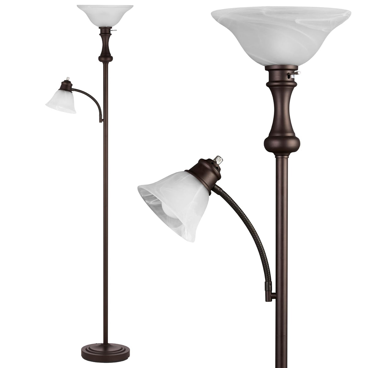 Torchiere Floor Lamp with Adjustable Angle Reading Lamp-Black 71IN