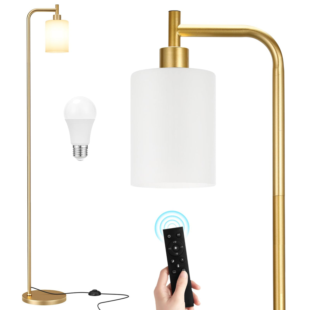 Ziisee Industrial Floor Lamp with Glass Shade - Black, LED Bulbs, Foot Pedal Switch, Easy Assembly