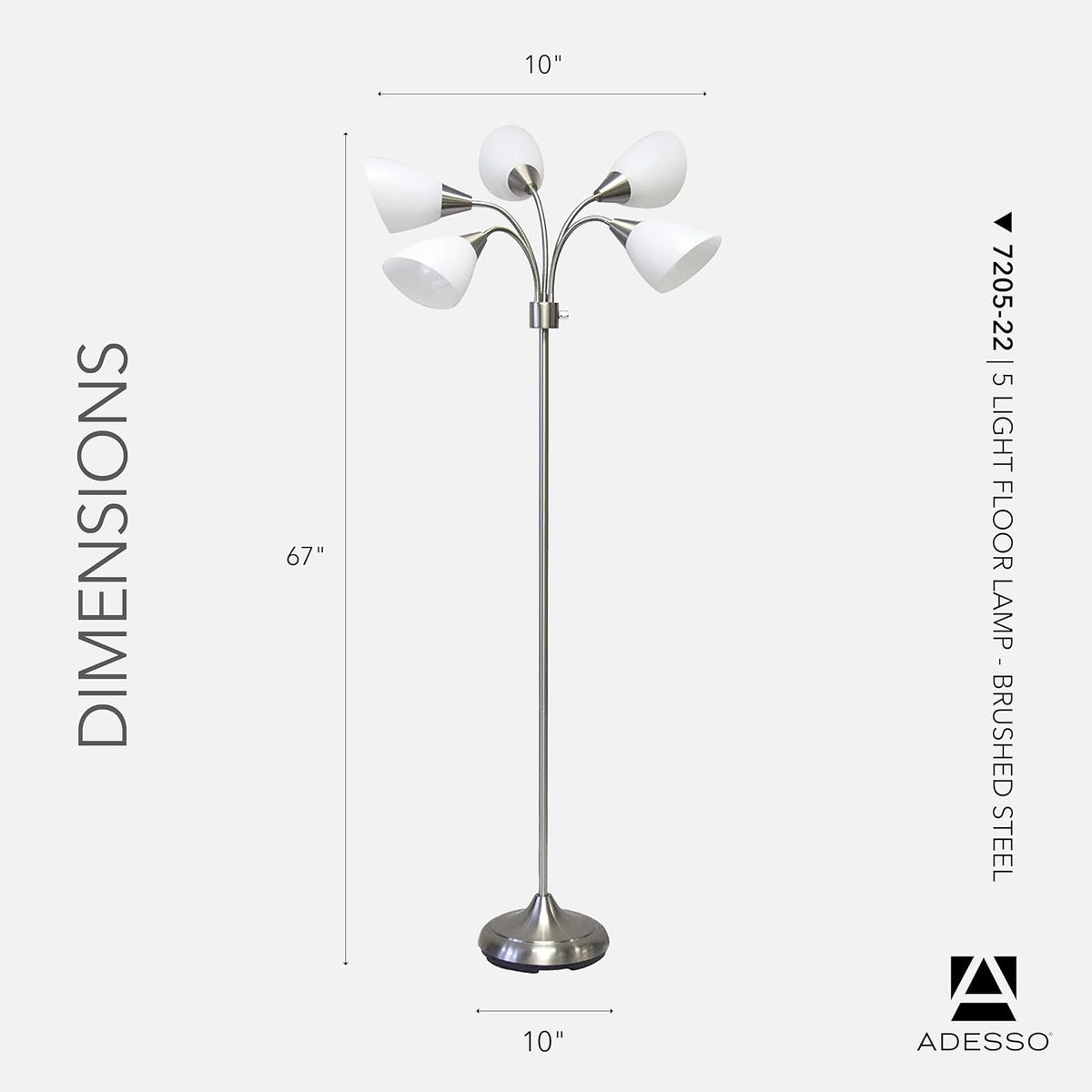 Adesso Floor Lamp with 5 Movable Shades & Adjustable Brightness, Brushed Steel Finish, Silver Perfect Lighting for Bedroom Decor, Beauty & Art Studio