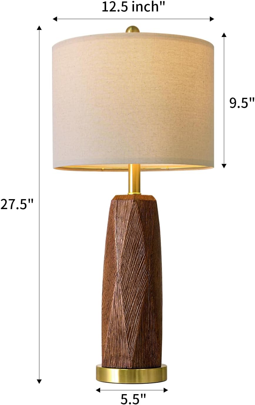 BOBOMOMO 27.5" Table Lamps Set of 2 with USB-A & USB-C Charging Ports, Wood Texture Resin Bedside Lamps with Linen Shade & Rotary Switch, Tall Nightstand Lamps for Bedroom, Living Room Office