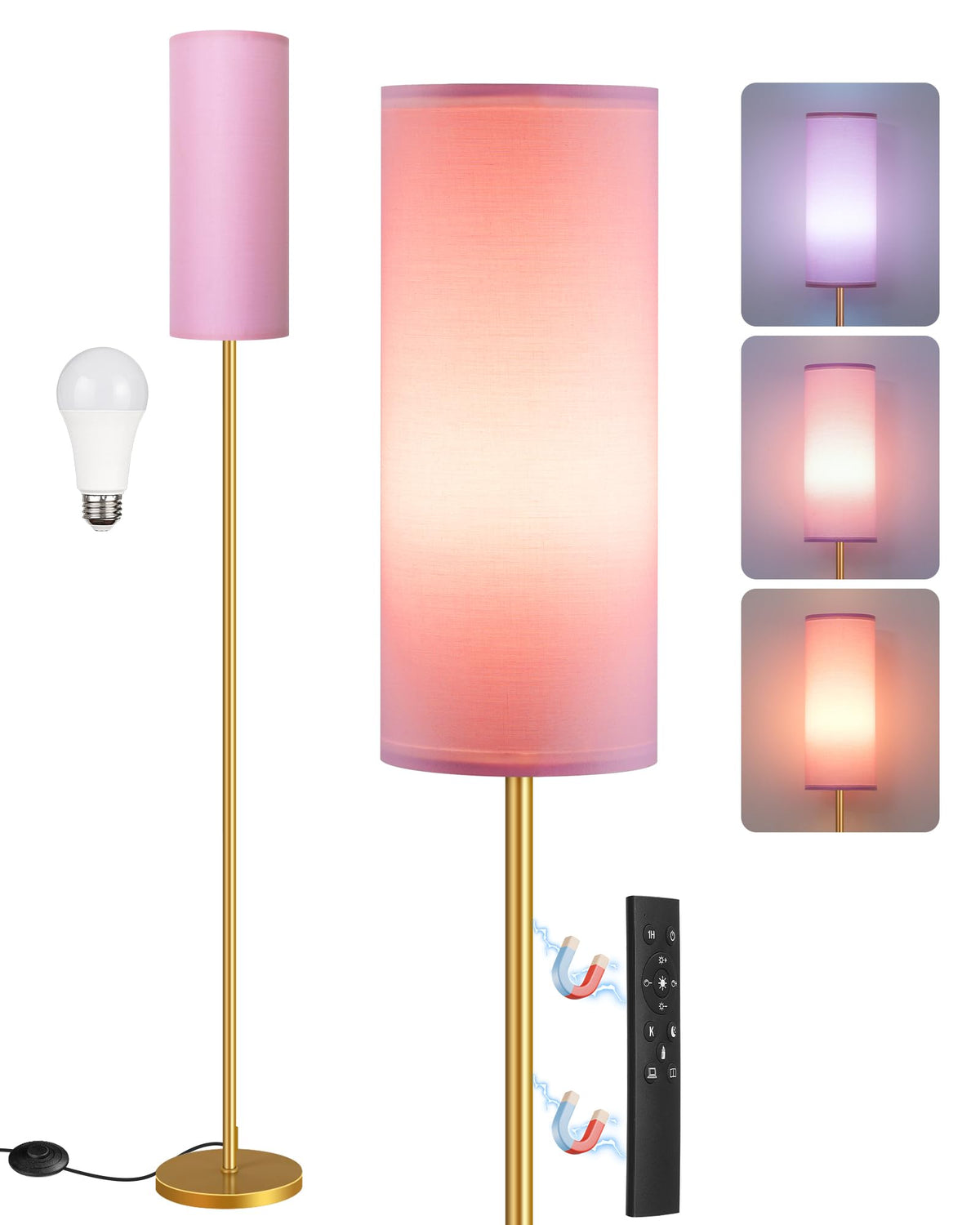 64.4” Slim Floor Lamp for Living Room with Magnetic Remote and Foot Switch, Dimmable Standing Tall Lamp Mood for Bedroom Nursery, 3 Color Temperatures, 1-Hour Timer,900LM Bulb Included,Beige E06LD05W1