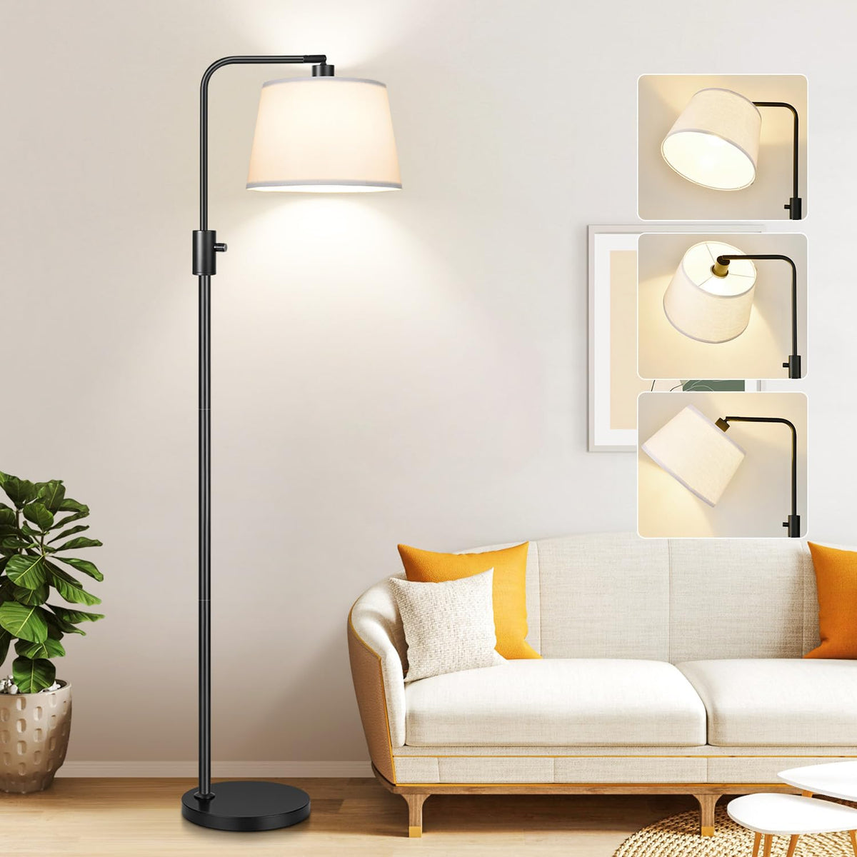 Nintiue 【Upgraded】 Dimmable Floor Lamp, 1000 Lumens LED Bulb Included, Arc Floor Lamps for Living Room Modern Standing Lamp with Linen Shade, Tall Lamp for Bedroom Office Reading Dining Room- Black